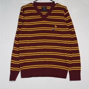 Abercrombie & Fitch Maroon and Yellow Striped V-Neck Sweater